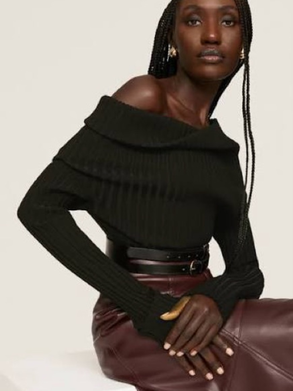 Tory Burch Off-Shoulder Ribbed Knit Sweater - Black